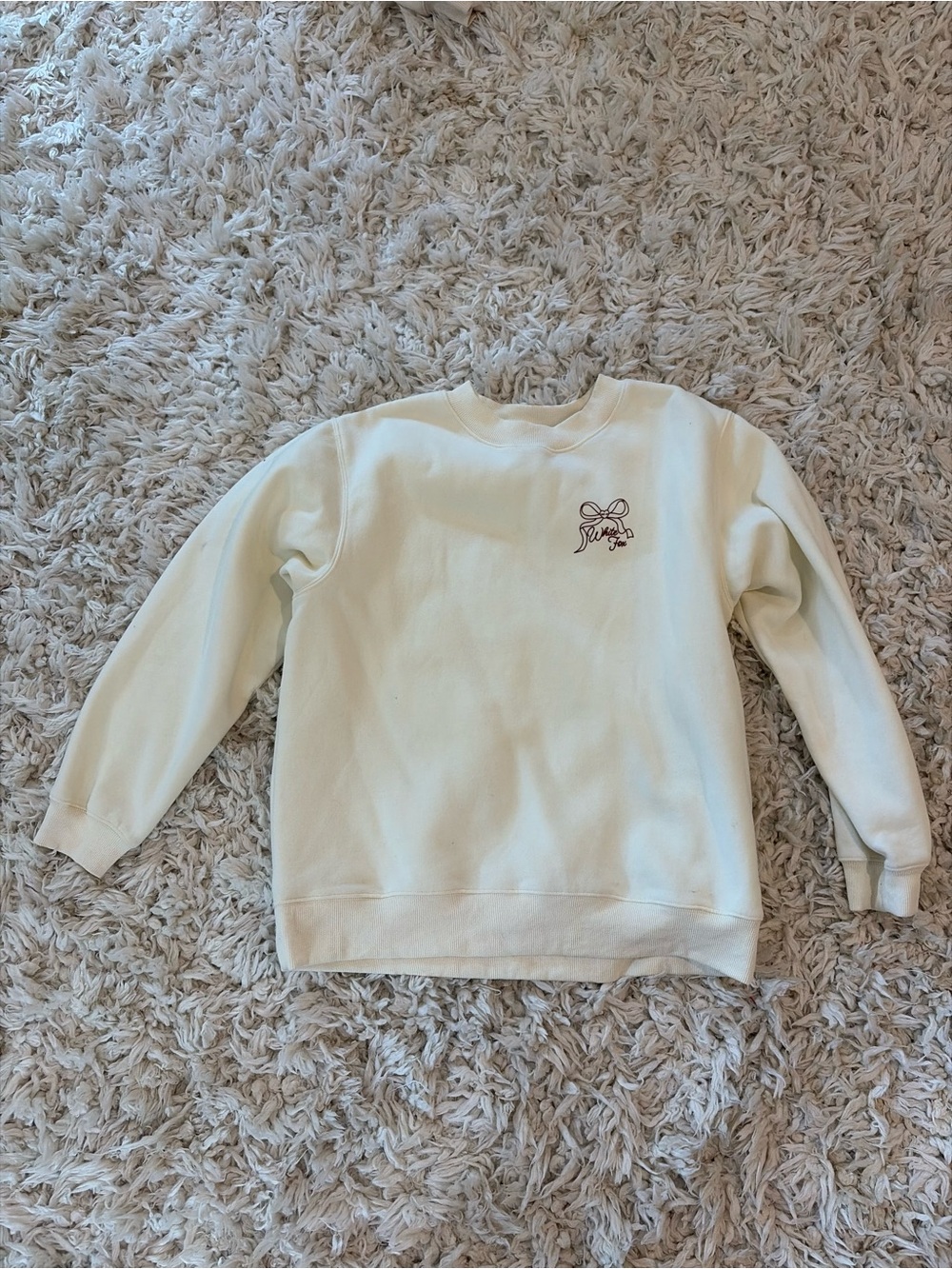 White Fox Boutique Cream Crewneck Sweatshirt with Small Brown Embroidered Logo